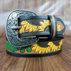 Floral Strap Belt, Embossed Full Grain Leather Belt, Western Hand-Tooled Belt